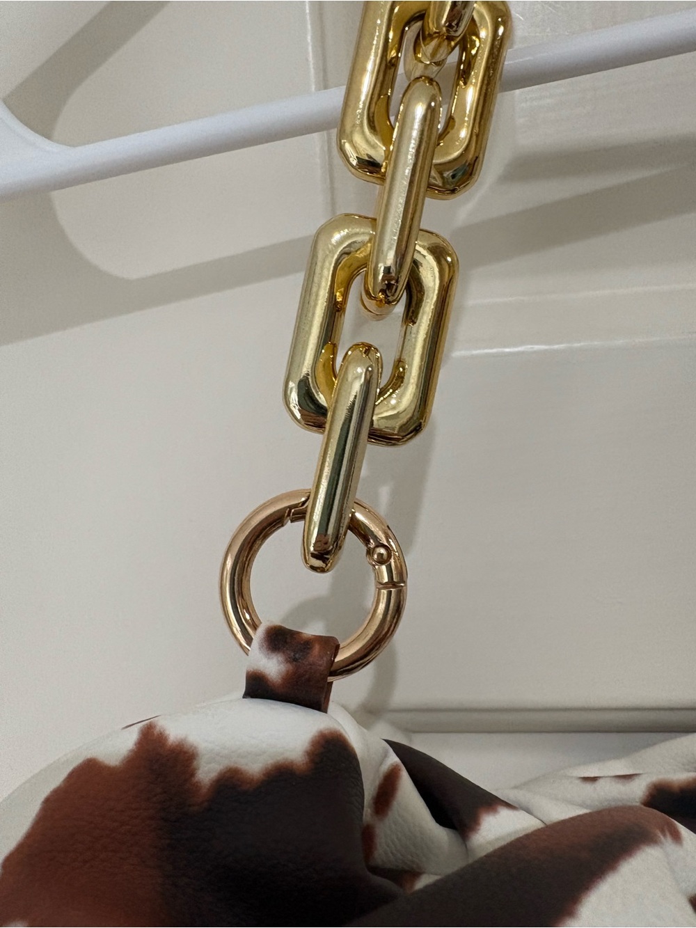 Cow Print Mini Shoulder Bag with Gold Chain Strap - Brown & White - Picture 5 of 10